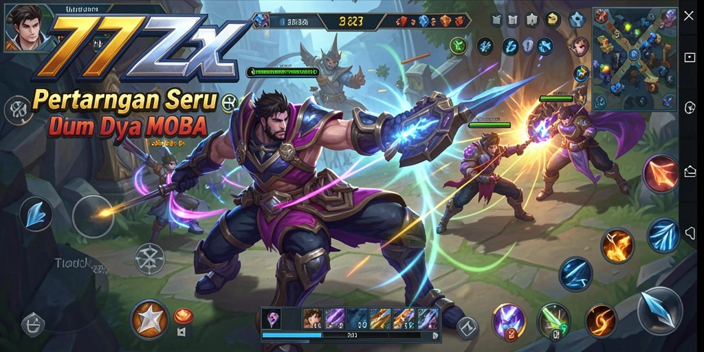 Screenshot utama 777ZX menampilkan aksi seru pertarungan MOBA.
