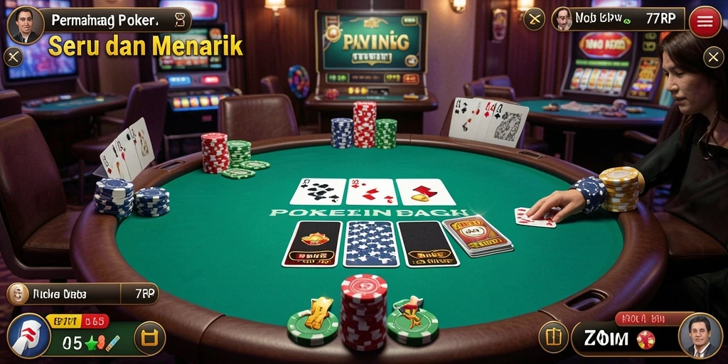 Screenshot gameplay Poker di 77RP menunjukkan aksi seru dan interaksi antar pemain.