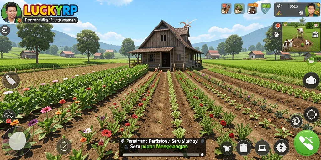 Screenshot gameplay LUCKYRP menunjukkan aktivitas bertani yang seru.