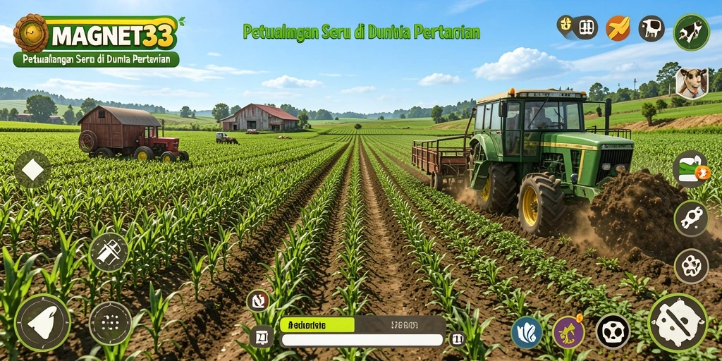 Screenshot gameplay MAGNET33 menampilkan kebun yang indah dan interaksi dengan hewan ternak.