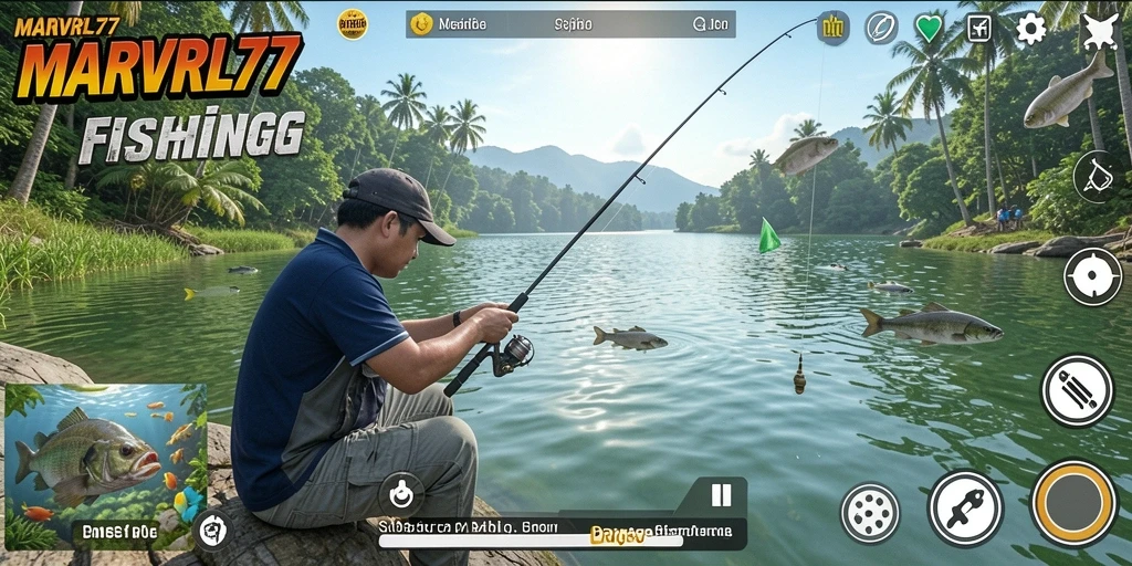 Screenshot MARVRL77 menampilkan pemain sedang menangkap ikan besar.
