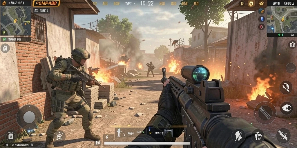 Tangkapan layar menunjukkan aksi intens dari gameplay FPS POMPA88.