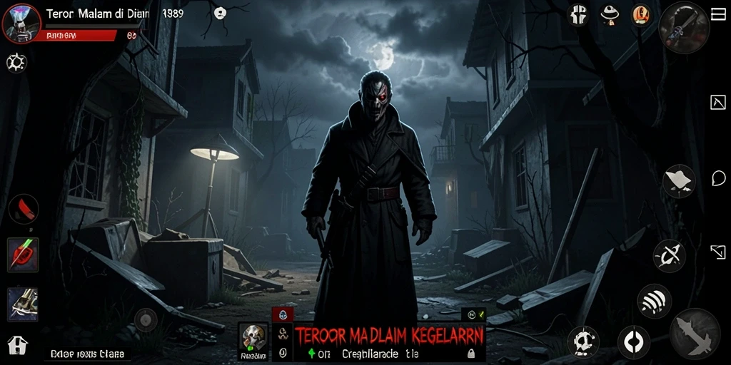 Screenshot gameplay RR89 menampilkan suasana menyeramkan dalam kegelapan.