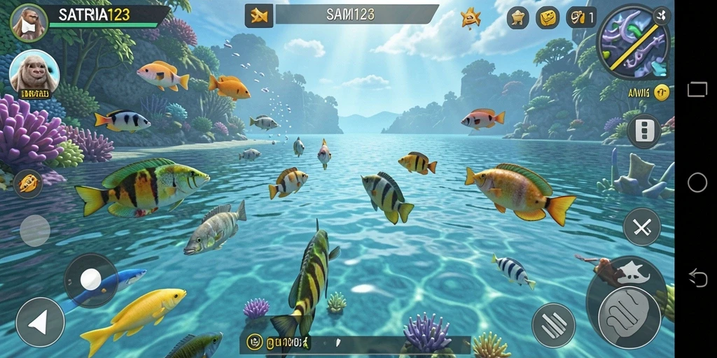 Tangkapan layar dari gameplay SATRIA123 yang menegangkan di bawah air.